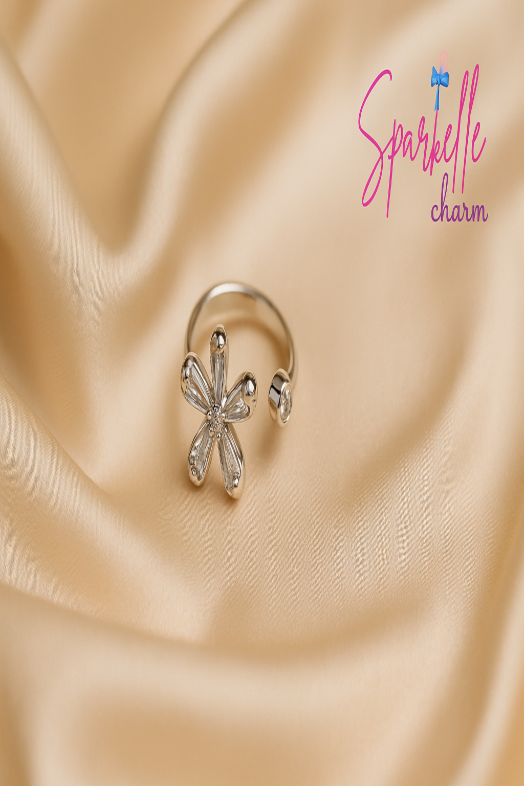 Silver zircon flower shape ring with adjustable band