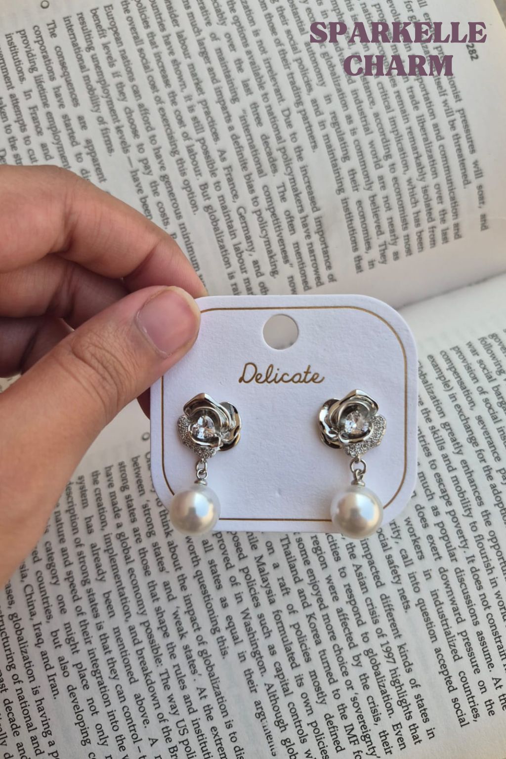 Rose flower pearl drop earring