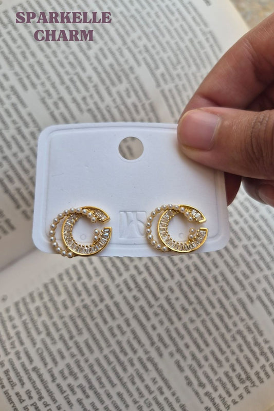 Double hoop pearl gold earrings
